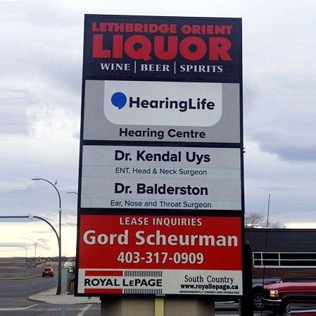 Pylon sign with panels for Lethbridge Orient Liquor, HearingLife and two doctors